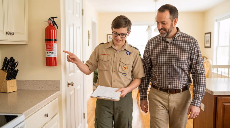 A Scout and an adult walking through a home with a clipboard, checking a fire extinguisher