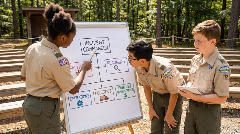 An organizational chart showing the ICS structure: Incident Commander at the top with Operations, Planning, Logistics, and Finance sections below