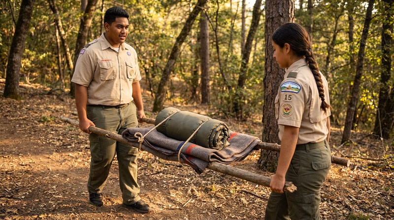 Two Scouts carrying an improvised blanket-and-poles stretcher through a wooded trail