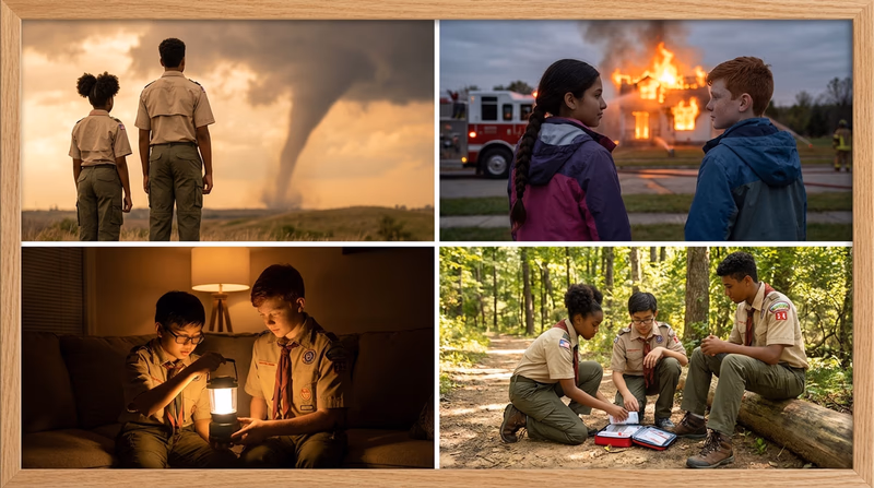 Four panels showing different types of emergencies: a tornado, a house fire, a power outage, and a first aid situation