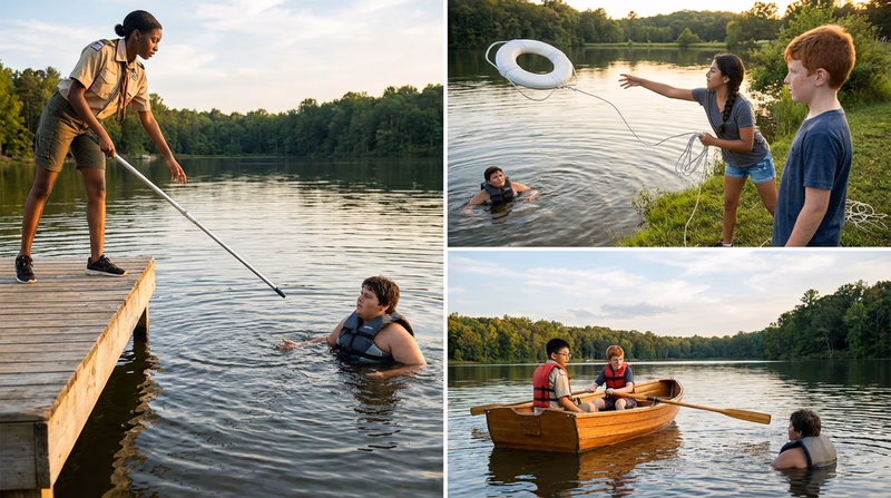Three panels showing the Reach, Throw, Row rescue methods for a drowning person near a dock
