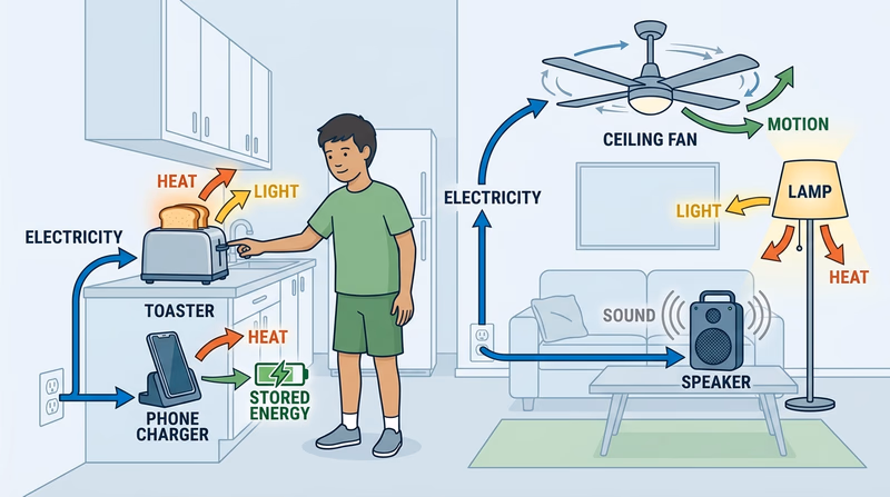 Diagram showing household electricity changing into light, sound, motion, and heat through everyday devices