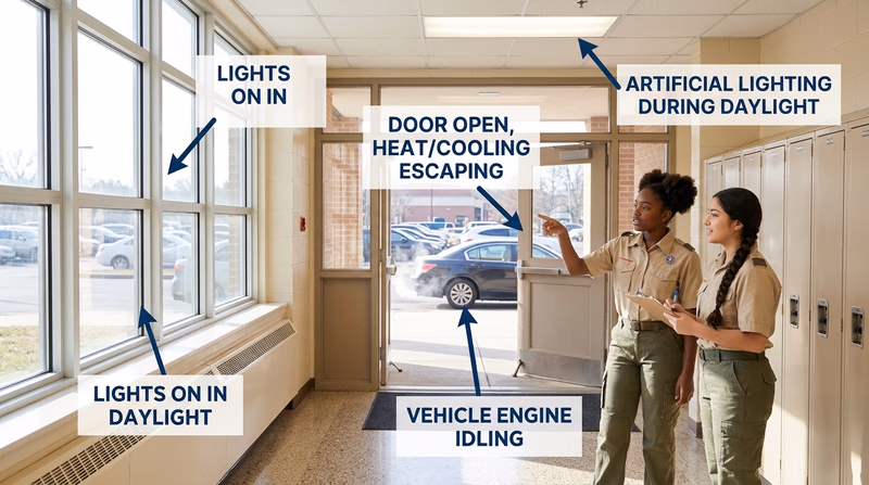 Annotated school scene highlighting common energy waste like unnecessary lighting, escaping conditioned air, and vehicle idling