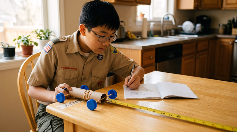 A teenager in a Scout uniform conducting an energy conversion experiment at a table, showing a rubber-band-powered car on a test track with a notebook recording results nearby
