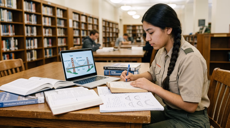 A teenager in a Scout uniform at a library table surrounded by open books, a laptop showing a bridge diagram, and handwritten notes with sketches, actively researching an engineering topic