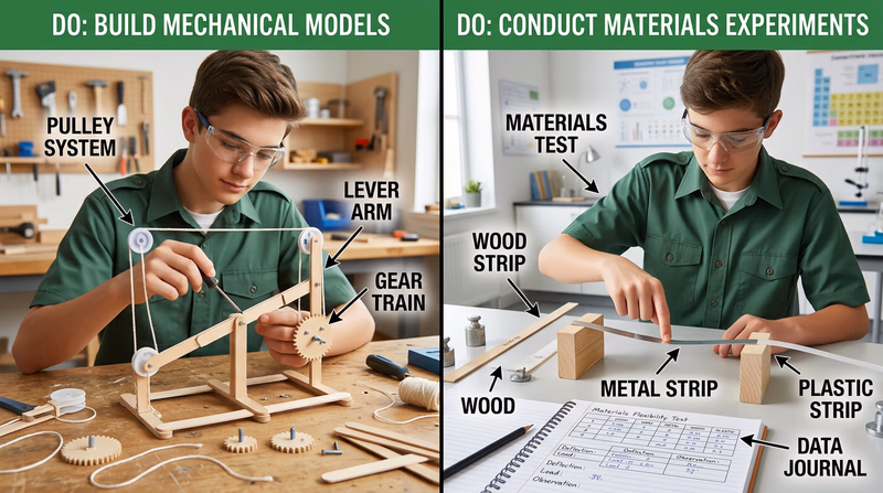 A split-scene showing different engineering activities — one side shows a teenager building a mechanical model with gears and levers, the other shows a teenager conducting a materials strength experiment with wood, metal, and plastic samples