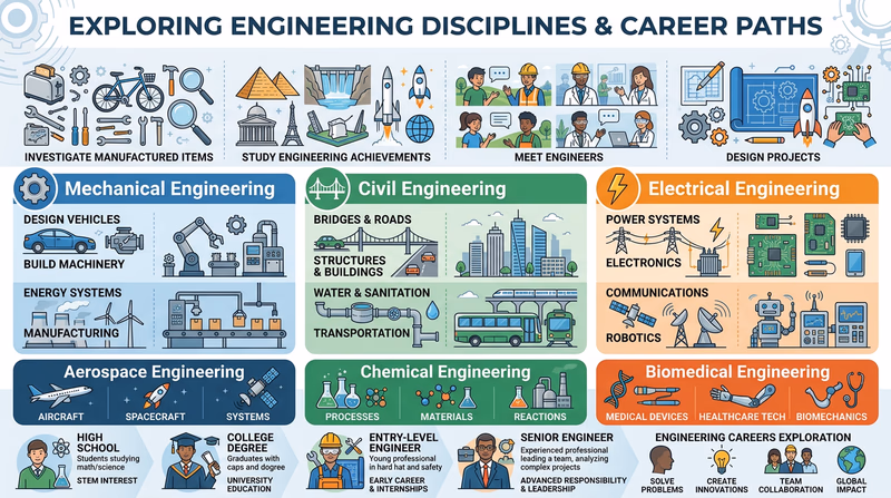 An infographic showing three engineering career paths — civil, mechanical, and electrical — each as a vertical progression from high school through college, early career, and senior positions, with salary ranges and key milestones