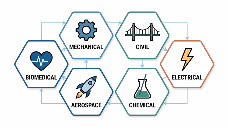 A clean diagram showing six engineering fields — mechanical, civil, electrical, chemical, aerospace, and biomedical — arranged in a hexagonal grid with icons representing each field and lines connecting related disciplines