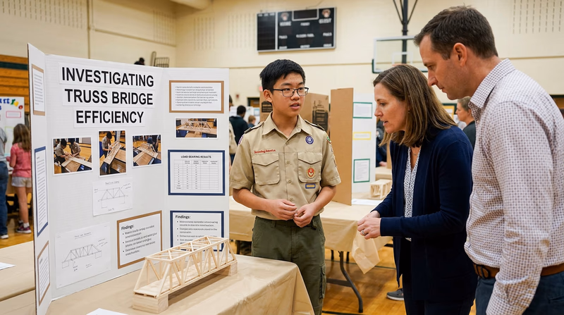 A teenager in a Scout uniform standing next to a science fair display board with a bridge-building project, explaining the project to visitors, with the physical bridge model and testing data visible