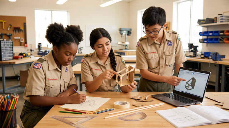 Three teenagers in Scout uniforms collaborating at a table covered with sketches, a laptop showing a CAD model, and a simple mechanical prototype made of cardboard and wooden dowels