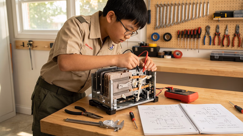A teenager in a Scout uniform examining the internal components of a disassembled toaster on a workbench, with engineering tools like calipers, a multimeter, and a notebook nearby