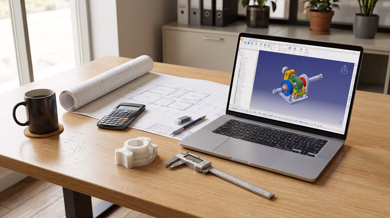 A clean engineering workspace showing a variety of tools — a laptop with CAD software, calipers, a 3D-printed prototype part, engineering drawings, and a calculator — arranged on a professional desk