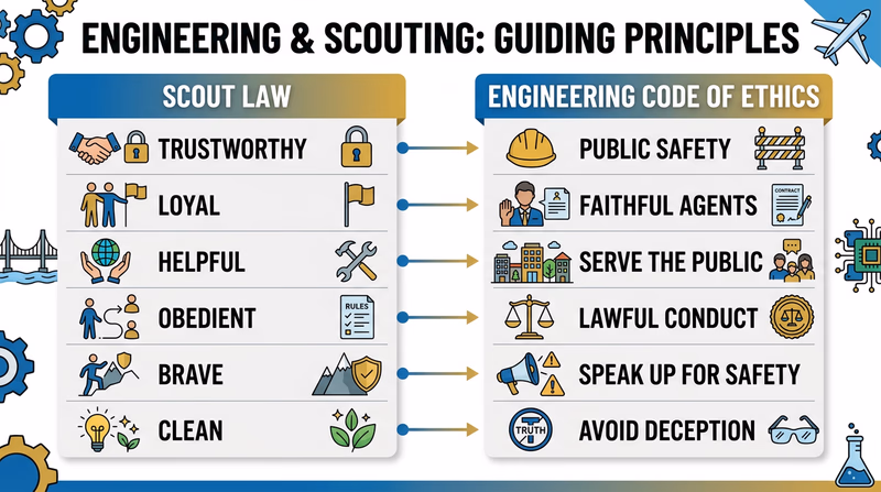 An infographic with two columns comparing the Scout Law points on the left with corresponding Engineering Code of Ethics canons on the right, with connecting lines showing parallels