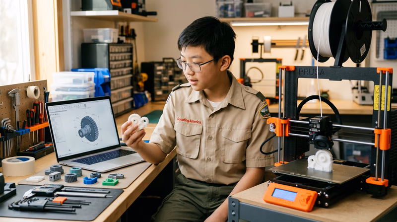 A teenager in a Scout uniform at a maker space, working alongside a 3D printer that is producing a small mechanical part, with a laptop showing a CAD model and printed prototypes on the workbench