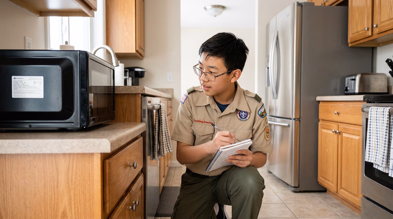 A teenager in a Scout uniform in a kitchen, crouching to read the label on the back of a microwave oven, with a notebook in hand documenting wattage information for an electricity audit