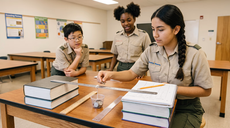 A teenager in a Scout uniform conducting a materials strength experiment with thin strips of wood, metal, and plastic bridging two supports, with a small weight container hanging from the center strip and a notebook for recording data