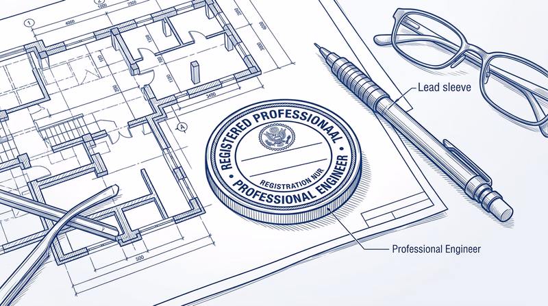 A clean illustration showing a Professional Engineer's seal/stamp on engineering drawings, with a blueprint and technical specifications visible in the background