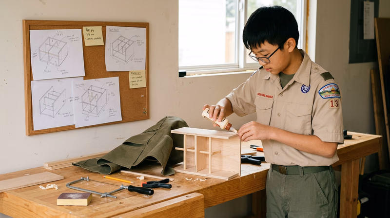 A teenager in a Scout uniform at a workbench building a prototype from wood and simple materials, with sketches pinned to a corkboard behind them and basic tools visible