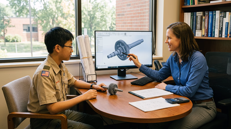 A teenager in a Scout uniform sitting across a desk from a professional engineer who is pointing at a computer screen displaying a CAD drawing, with engineering drawings and models visible in the office