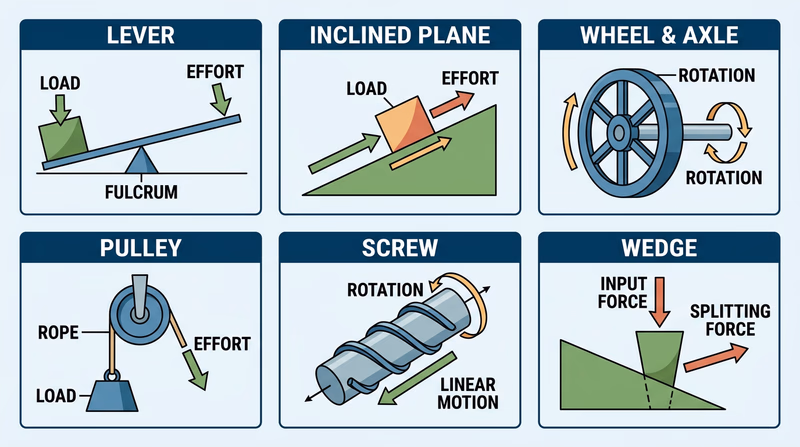 A clean educational diagram showing the six simple machines — lever, inclined plane, wheel and axle, pulley, screw, and wedge — each illustrated with a labeled example and arrows showing the direction of force and motion