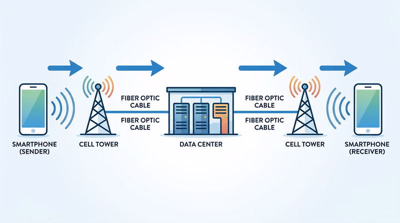A clean diagram showing the path of data from a smartphone to a cell tower, through fiber-optic cables to a data center, and out to a recipient's phone, with labels at each stage