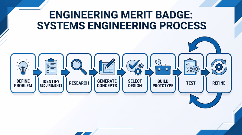 A step-by-step flow diagram showing the systems engineering process with eight labeled stages — Define Problem, Identify Requirements, Research, Generate Concepts, Select Design, Build Prototype, Test, and Refine — connected by arrows in a cycle