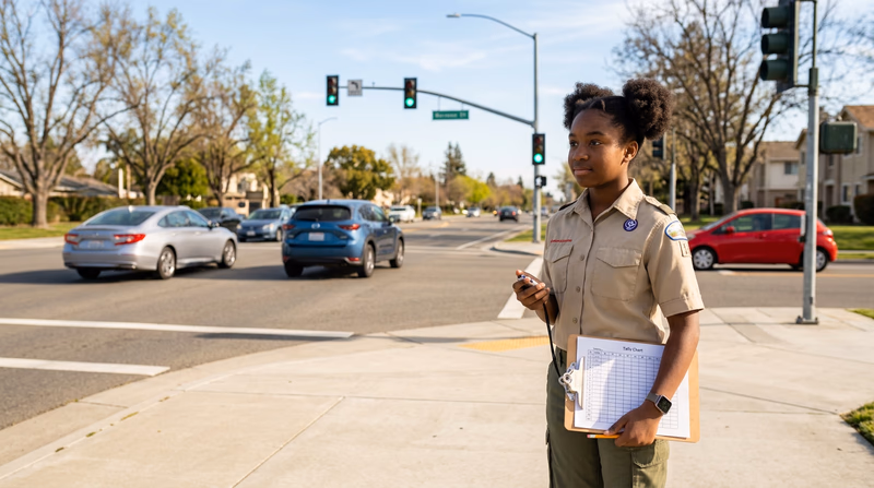 A teenager in a Scout uniform standing safely on a sidewalk with a clipboard and stopwatch, observing and recording traffic at a nearby intersection during a traffic study