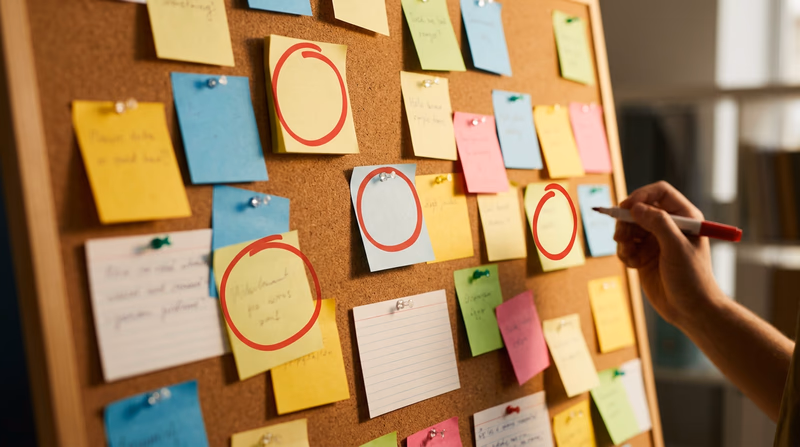 A corkboard covered with colorful sticky notes and index cards showing various handwritten business ideas, with three notes circled in red marker as top picks