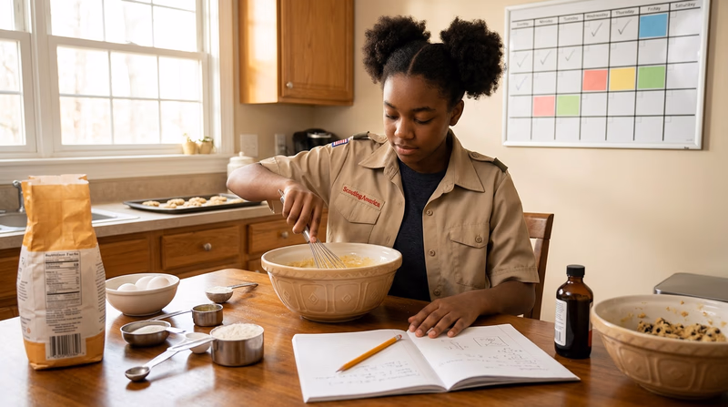A teenager sitting at a kitchen table with ingredients, baking supplies, and a notebook, planning out a weekly production schedule with a whiteboard calendar in the background