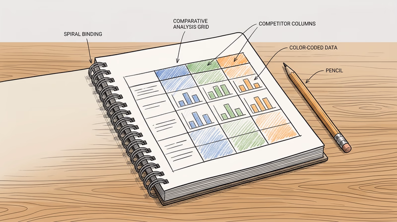 A notebook page showing a handwritten competitor analysis grid with three columns for different businesses, rows for strengths, weaknesses, pricing, and customer reviews