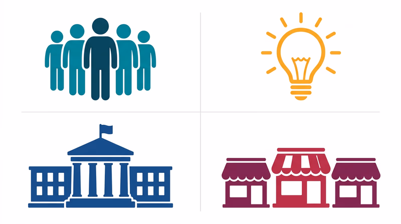 An infographic showing four icons representing the economic impact of entrepreneurs: a group of people icon for job creation, a lightbulb for innovation, a government building for tax revenue, and a neighborhood of small shops for community development