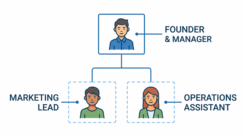 A simple organizational chart showing a small business structure with an Owner at the top, and two dotted-line boxes below representing potential future roles