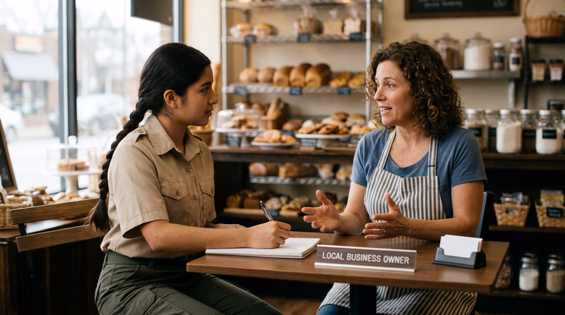 A teenager in a clean Scout uniform sitting across a desk from a small business owner in a bakery or shop, with a notebook open and taking notes, warm natural lighting