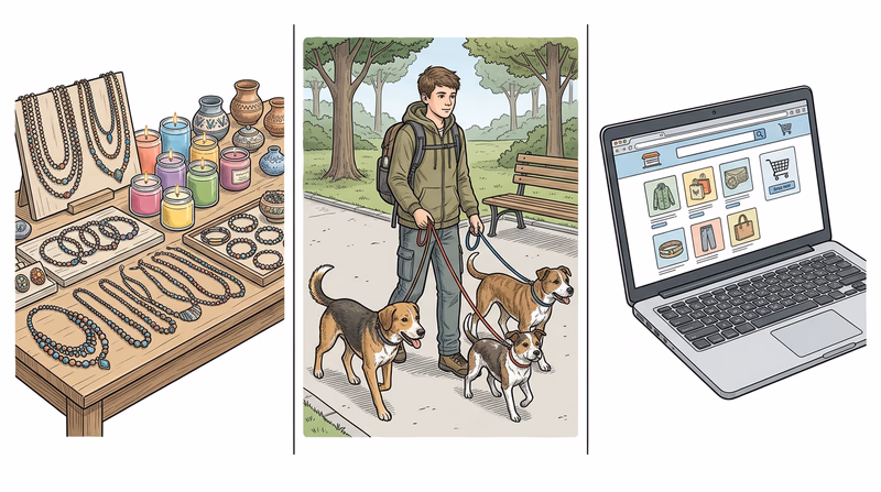 Three-panel illustration showing different types of entrepreneurship: left panel shows handmade products on a craft table, center panel shows a teenager walking dogs, right panel shows a laptop screen with a simple website storefront