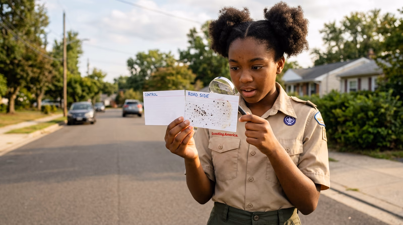 A Scout holding up a sticky card air quality test near a roadside, comparing it against a clean card, with trees and a road in the background