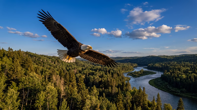 A bald eagle soaring over a river valley with a healthy forest below, symbolizing species recovery