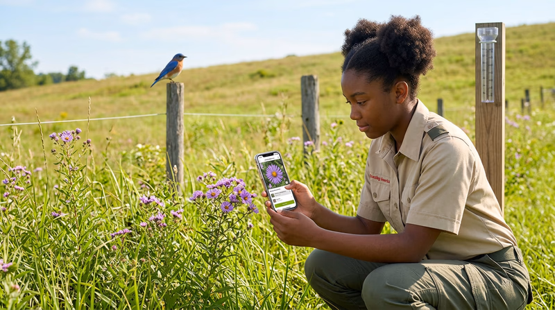 A Scout using a phone to photograph a wildflower for iNaturalist, with a bird flying overhead and a rain gauge mounted on a post nearby