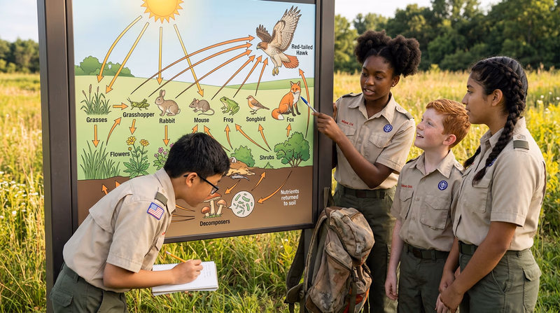 An illustrated food web diagram showing connections between sun, plants, insects, frogs, birds, and a hawk in a meadow ecosystem