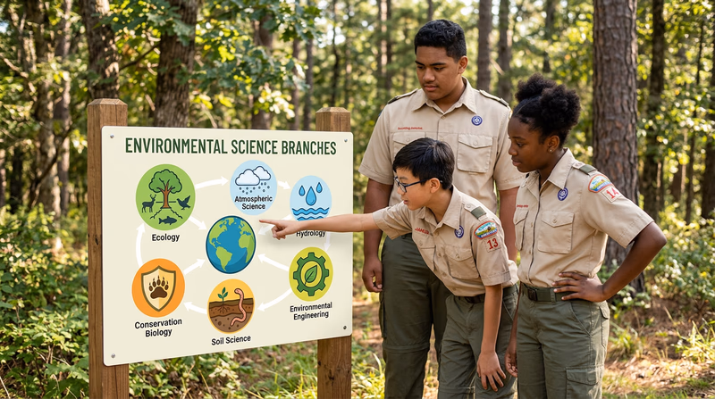 An illustrated diagram showing the six branches of environmental science connected by arrows, with icons representing each field