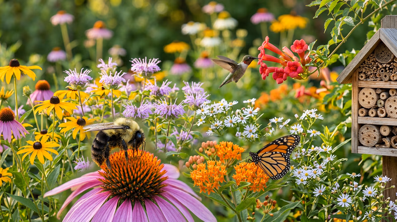 A vibrant garden with diverse flowering plants and several pollinators — a bumblebee on purple coneflower, a monarch butterfly on milkweed, and a hummingbird at a trumpet vine