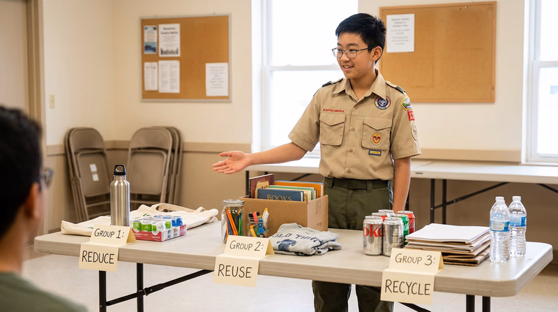 A Scout organizing items into three labeled bins — Reduce, Reuse, Recycle — with common household items like bottles, cans, and bags