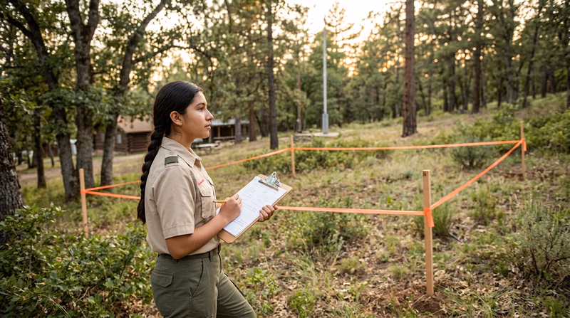 A Scout standing at the edge of a wooded clearing at a Scout camp, holding a clipboard and looking at the terrain, considering where a new building might go
