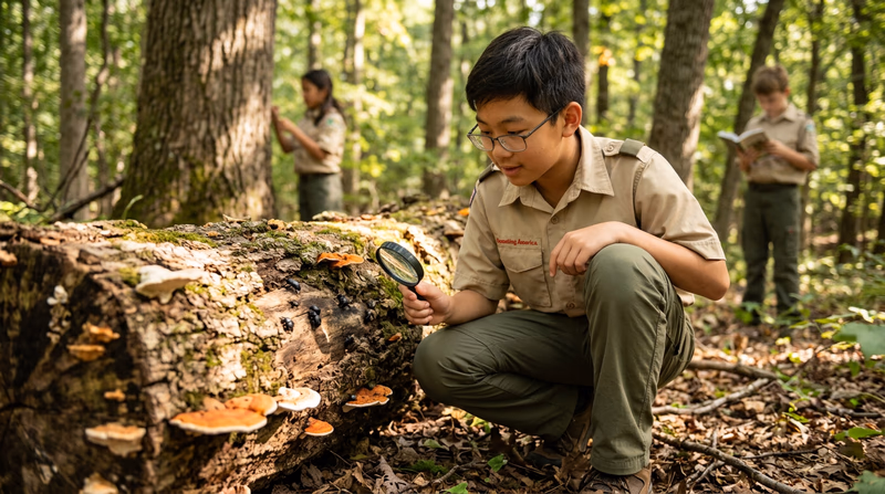 A Scout using a magnifying glass to examine insects on a decomposing log in a forest, with mushrooms growing on the bark