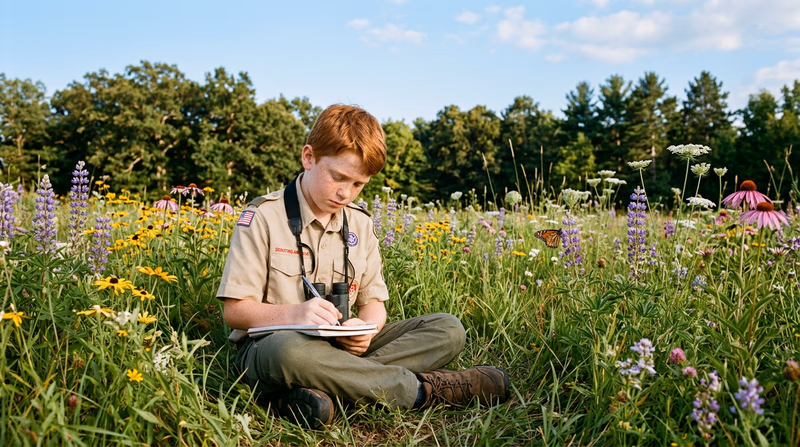 A Scout sitting cross-legged in a meadow with binoculars around their neck, writing observations in a field notebook with wildflowers and trees in the background