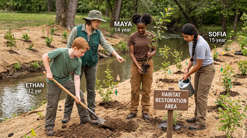 Scouts in work clothes planting native seedlings at a habitat restoration site along a stream, with a natural resource professional guiding them