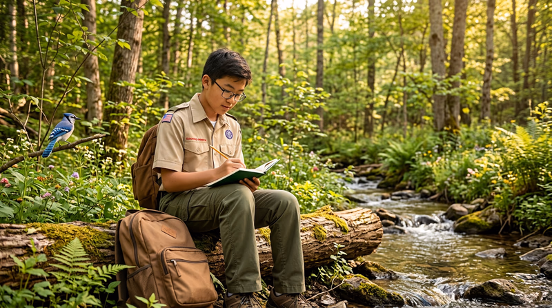 A Scout writing in a field notebook while sitting on a fallen log in a forest clearing, with diverse plants and a small stream visible