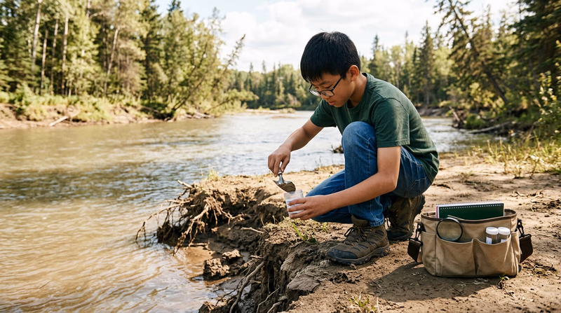 A Scout kneeling on a riverbank collecting a soil sample in a small container, with visible erosion patterns on the bank