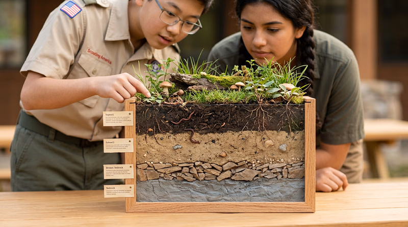 A cross-section illustration showing layers of soil with roots, earthworms, and rock beneath
