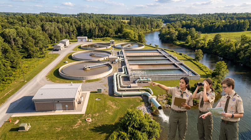An aerial view of a water treatment facility with settling ponds, surrounded by green landscape, with a river flowing nearby