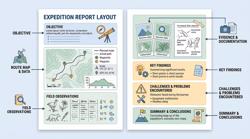 Two-page expedition report layout showing objectives, notes, map, findings, problems, and conclusion